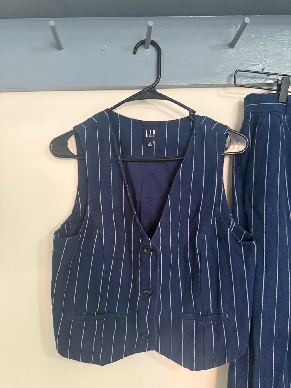 GAP Linen Blend Navy Pinstripe Matching Vest & Wide Leg Pant Set | Size M/8 - Picture 4 of 4
